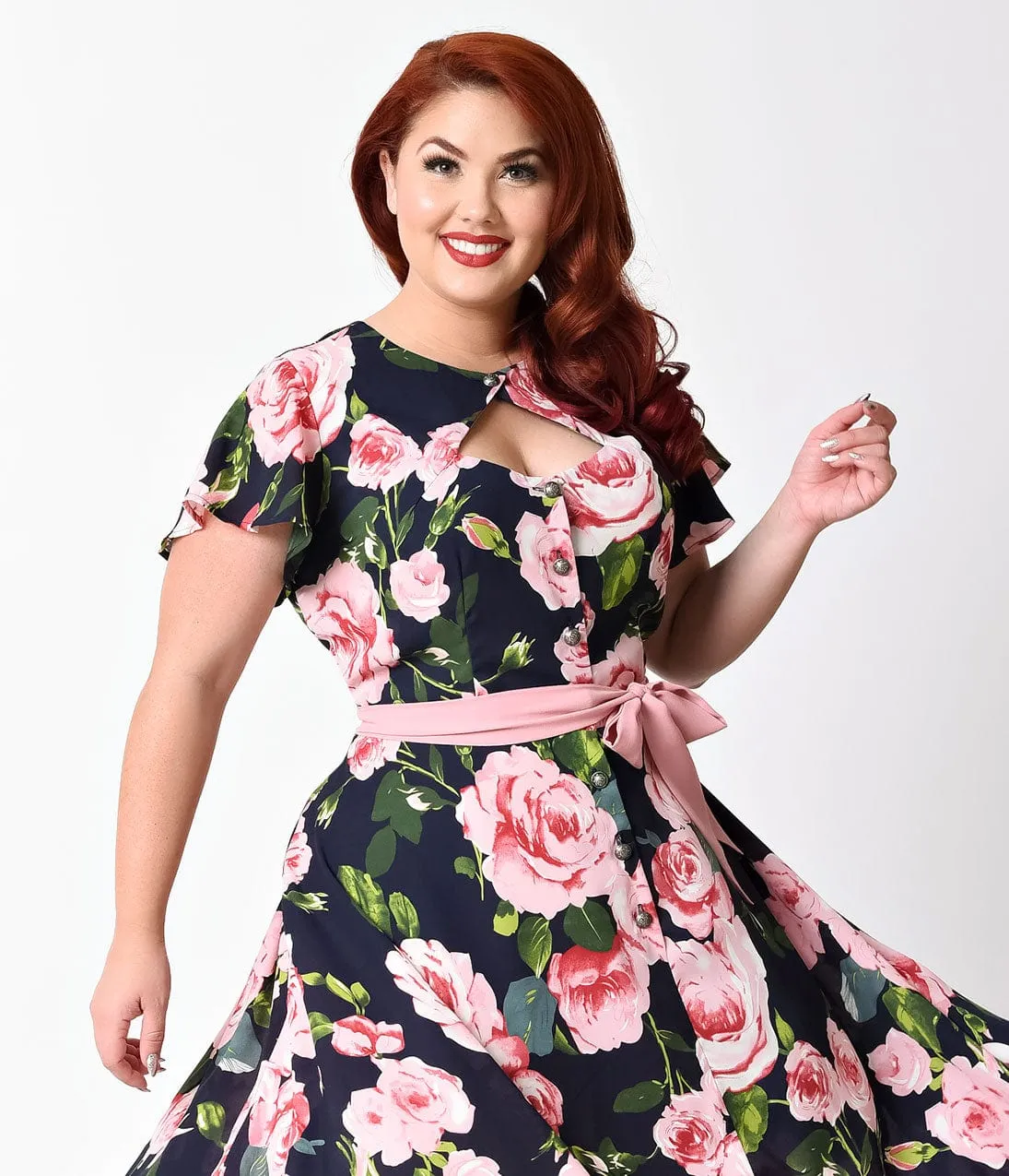 Unique Vintage Plus Size 1940s Navy & Pink Rose Short Sleeve Ashcroft Swing Dress sold by Unique Vintage product image thumbnail 4