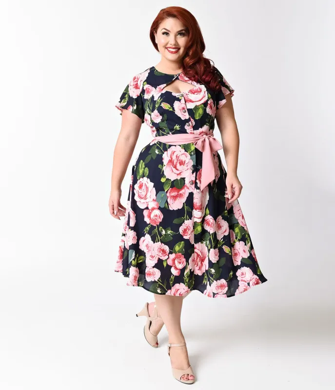 Unique Vintage Plus Size 1940s Navy & Pink Rose Short Sleeve Ashcroft Swing Dress made by Unique Vintage
