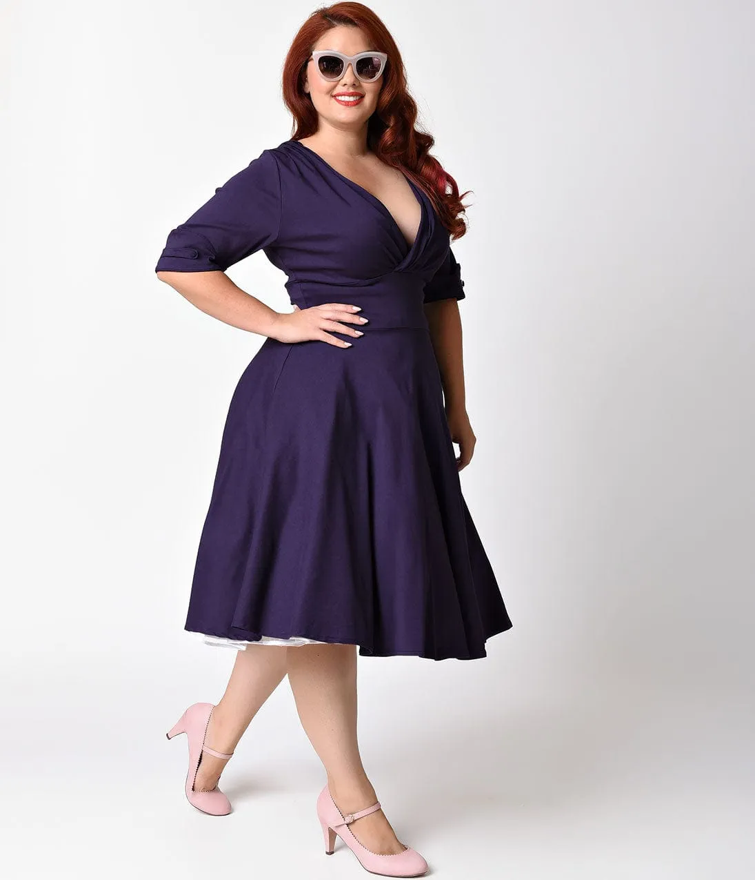 Unique Vintage Plus Size 1950s Style Dark Purple Half Sleeve Delores Swing Dress sold by Unique Vintage product image thumbnail 5