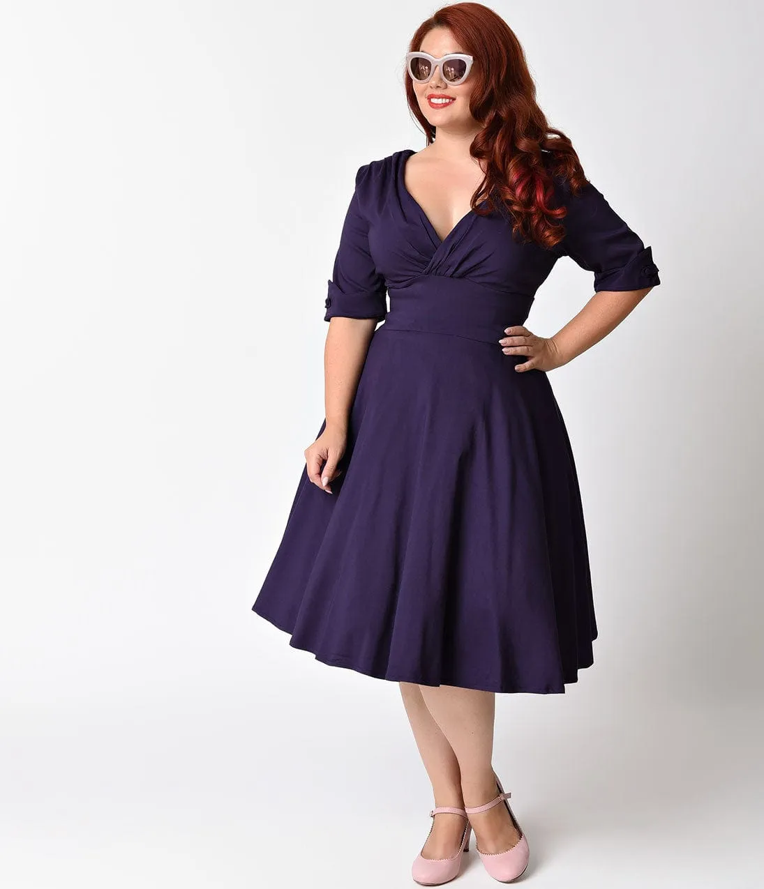 Unique Vintage Plus Size 1950s Style Dark Purple Half Sleeve Delores Swing Dress sold by Unique Vintage product image thumbnail 2