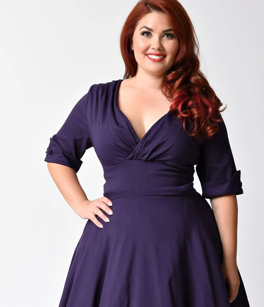 Unique Vintage Plus Size 1950s Style Dark Purple Half Sleeve Delores Swing Dress sold by Unique Vintage product image thumbnail 3