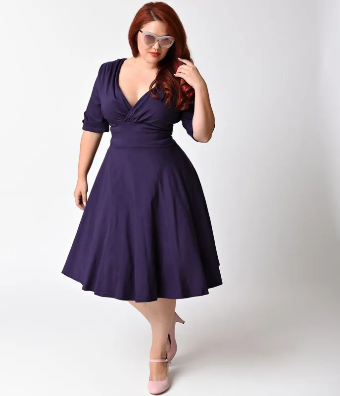 Unique Vintage Plus Size 1950s Style Dark Purple Half Sleeve Delores Swing Dress made by Unique Vintage