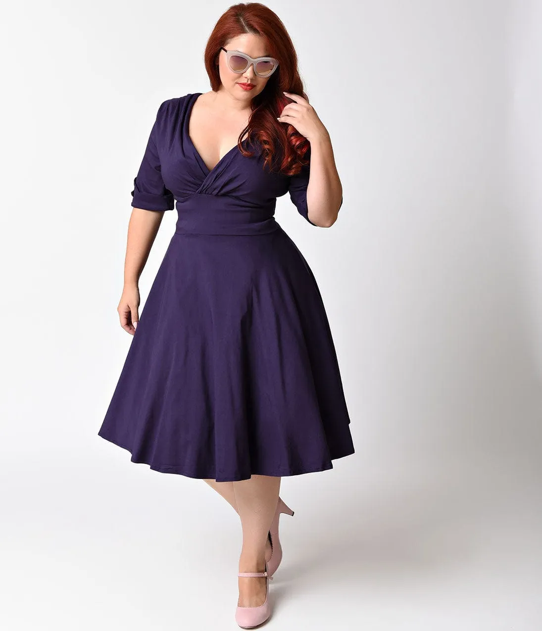 Unique Vintage Plus Size 1950s Style Dark Purple Half Sleeve Delores Swing Dress sold by Unique Vintage