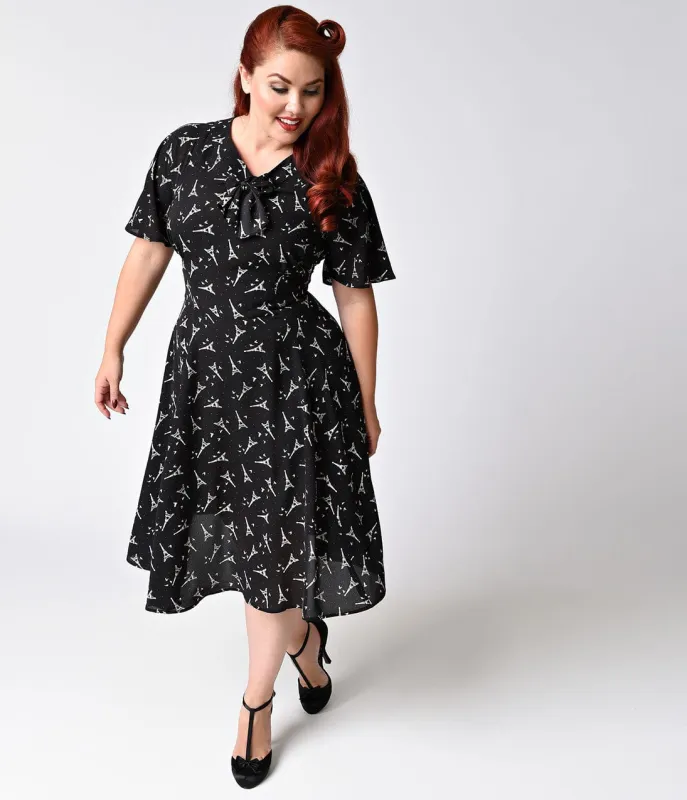 Unique Vintage Plus Size 1940s Black Eiffel Tower Print Lucille Swing Dress made by Unique Vintage