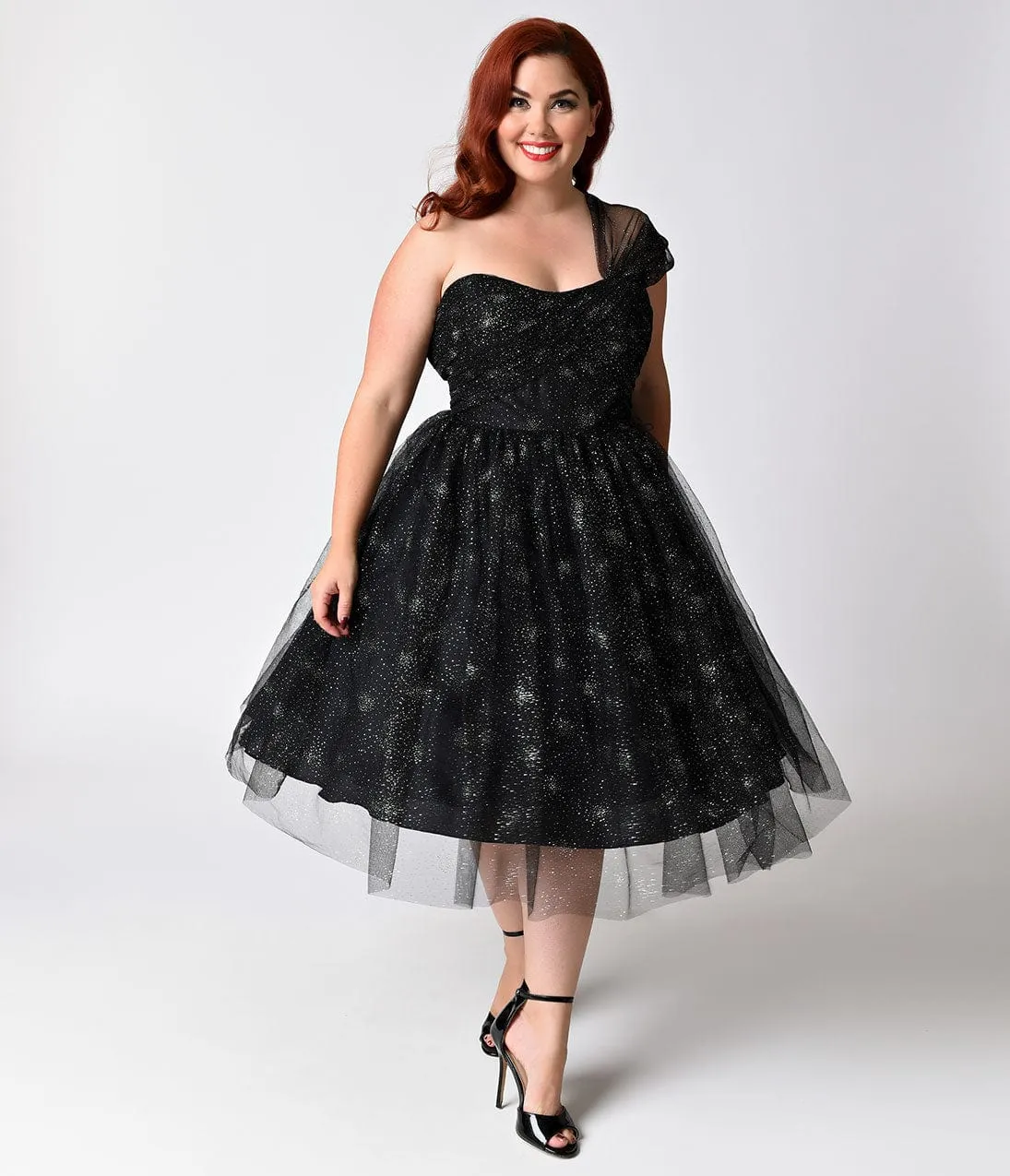 Unique Vintage Plus Size Black & Silver Shimmer One Shoulder Charisse Dress sold by Unique Vintage product image thumbnail 5
