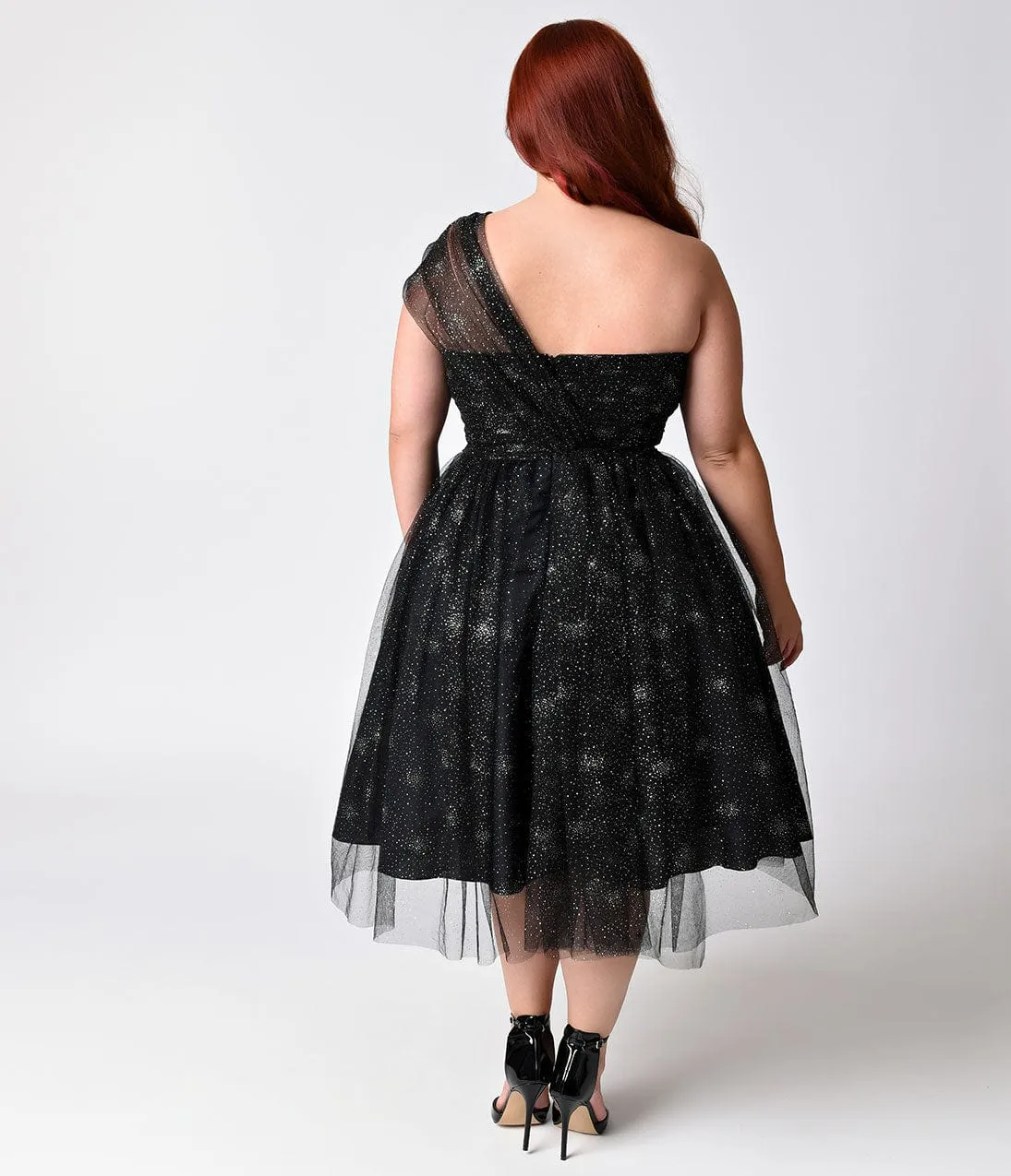 Unique Vintage Plus Size Black & Silver Shimmer One Shoulder Charisse Dress sold by Unique Vintage product image thumbnail 2