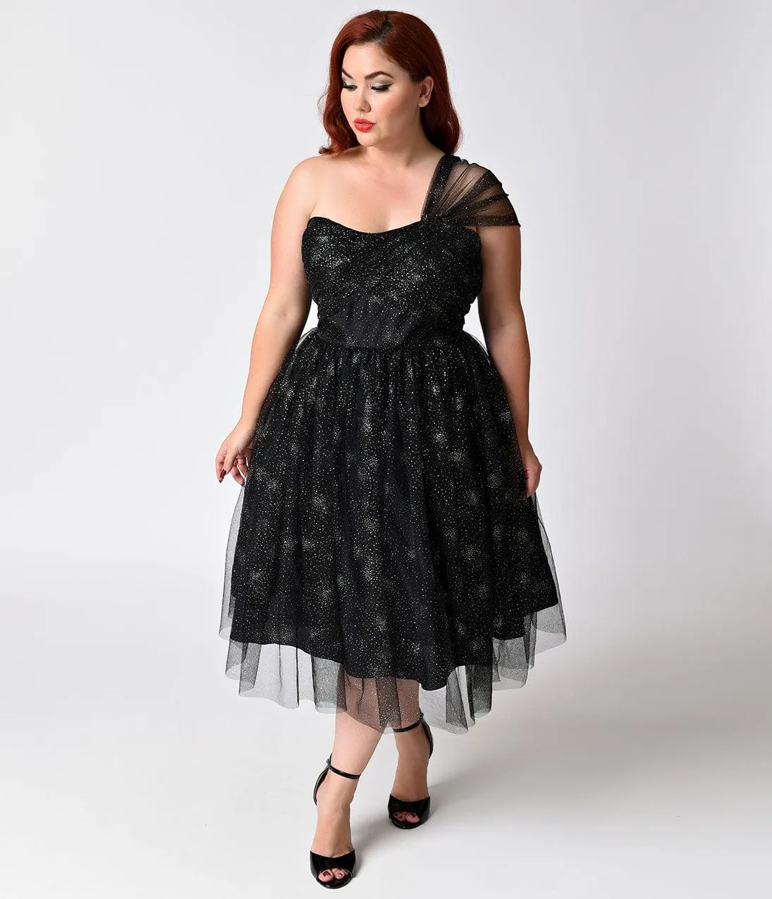 Unique Vintage Plus Size Black & Silver Shimmer One Shoulder Charisse Dress sold by Unique Vintage product image thumbnail 3