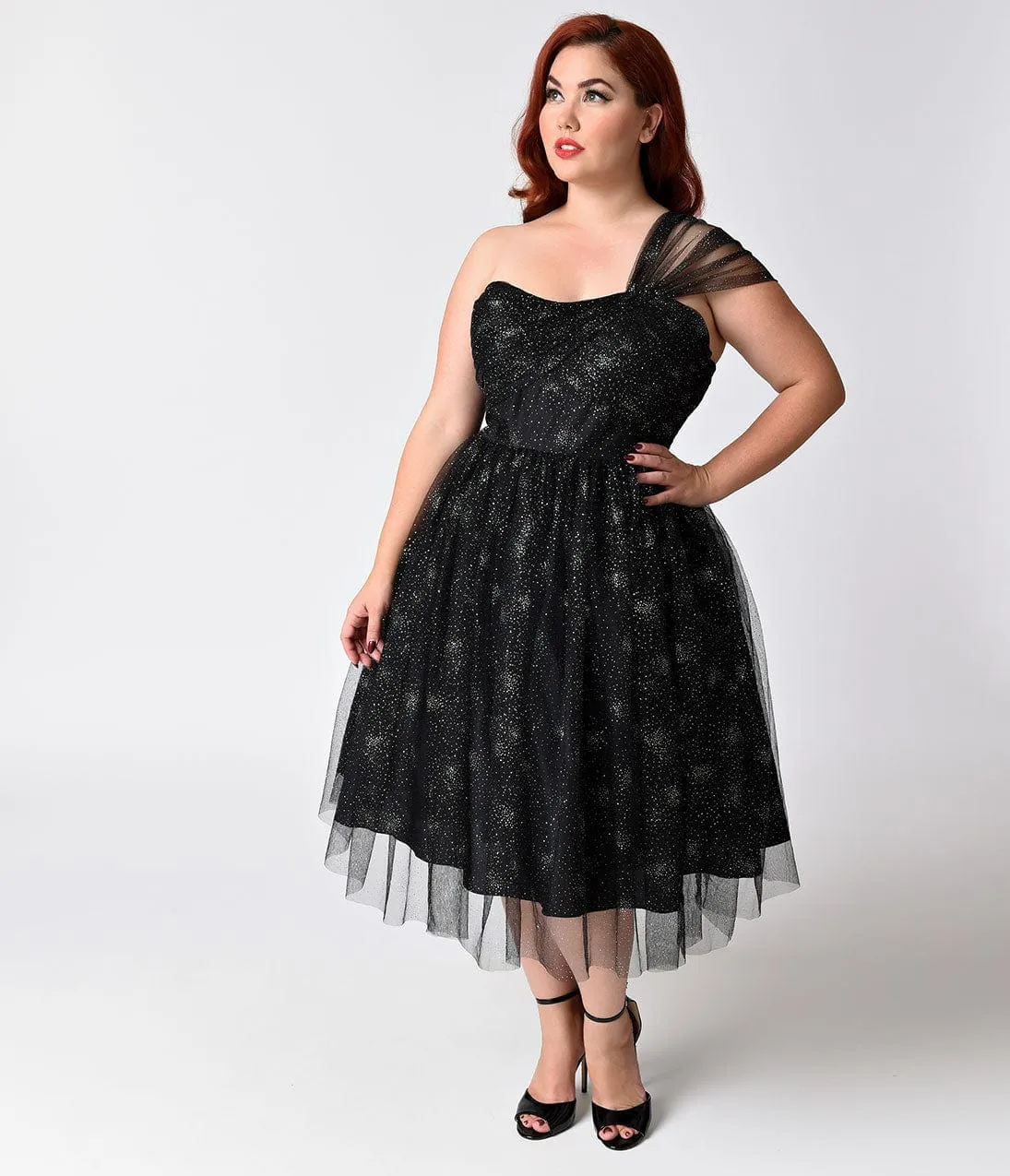 Unique Vintage Plus Size Black & Silver Shimmer One Shoulder Charisse Dress sold by Unique Vintage