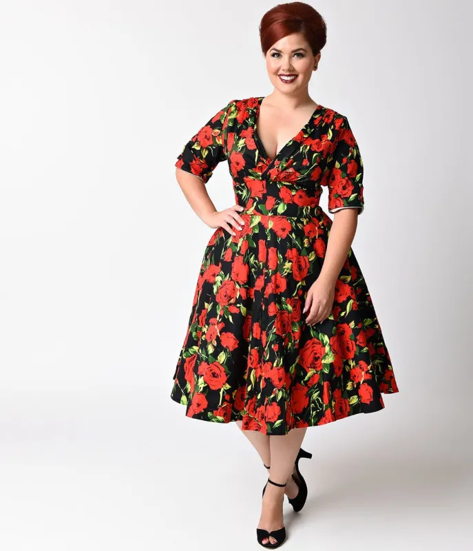 Unique Vintage Plus Size 1950s Black & Red Rose Delores Swing Dress with Sleeves sold by Unique Vintage