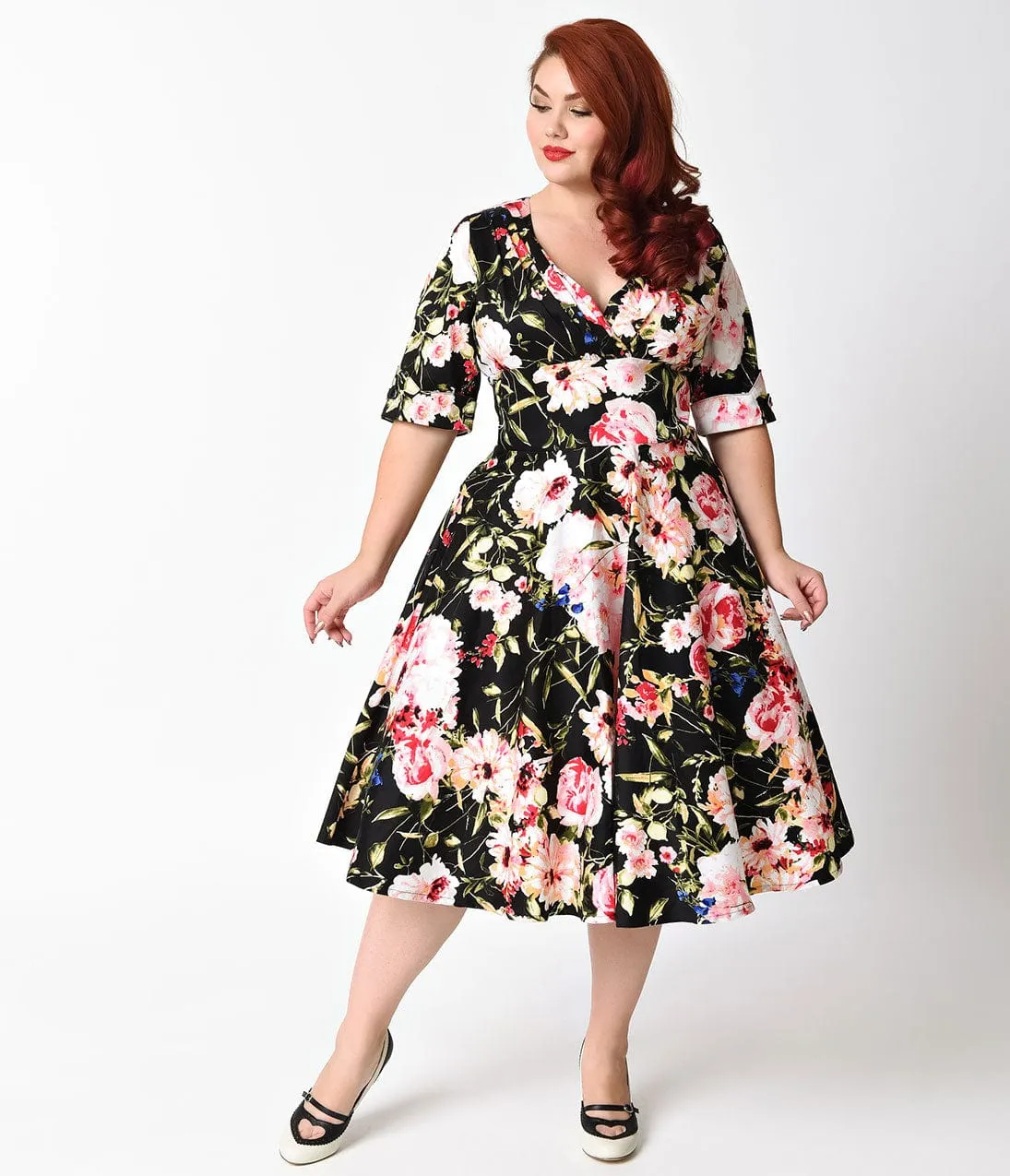 Unique Vintage Plus Size 1950s Black & Pink Floral Delores Swing Dress with Sleeves sold by Unique Vintage product image thumbnail 3