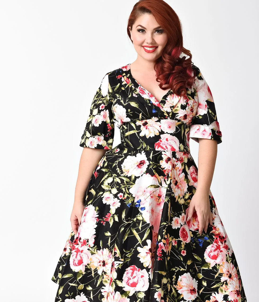 Unique Vintage Plus Size 1950s Black & Pink Floral Delores Swing Dress with Sleeves sold by Unique Vintage product image thumbnail 4