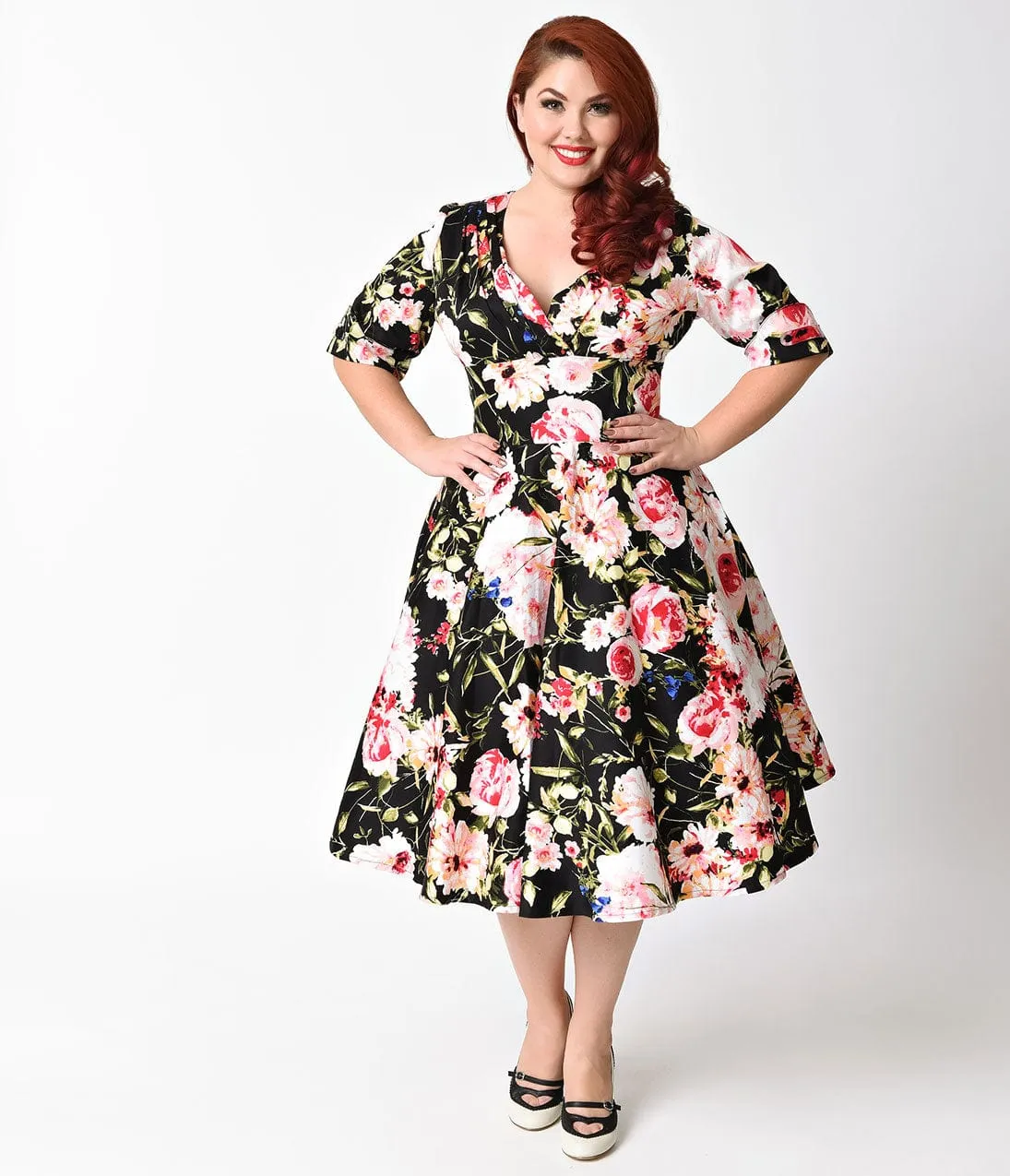 Unique Vintage Plus Size 1950s Black & Pink Floral Delores Swing Dress with Sleeves sold by Unique Vintage