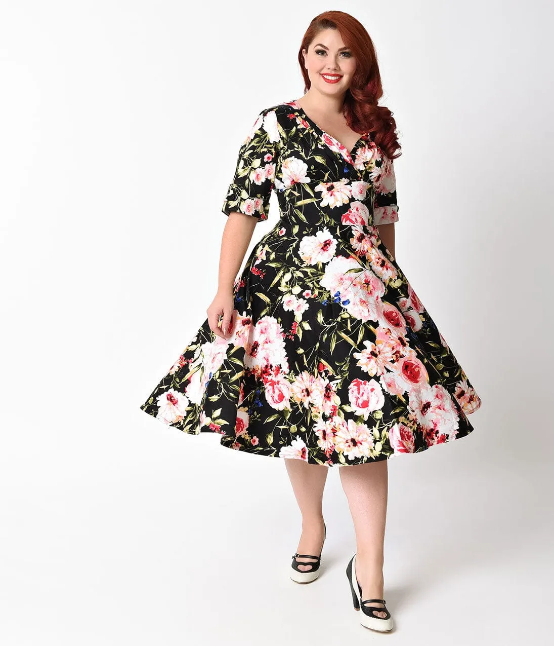 Unique Vintage Plus Size 1950s Black & Pink Floral Delores Swing Dress with Sleeves sold by Unique Vintage product image thumbnail 5