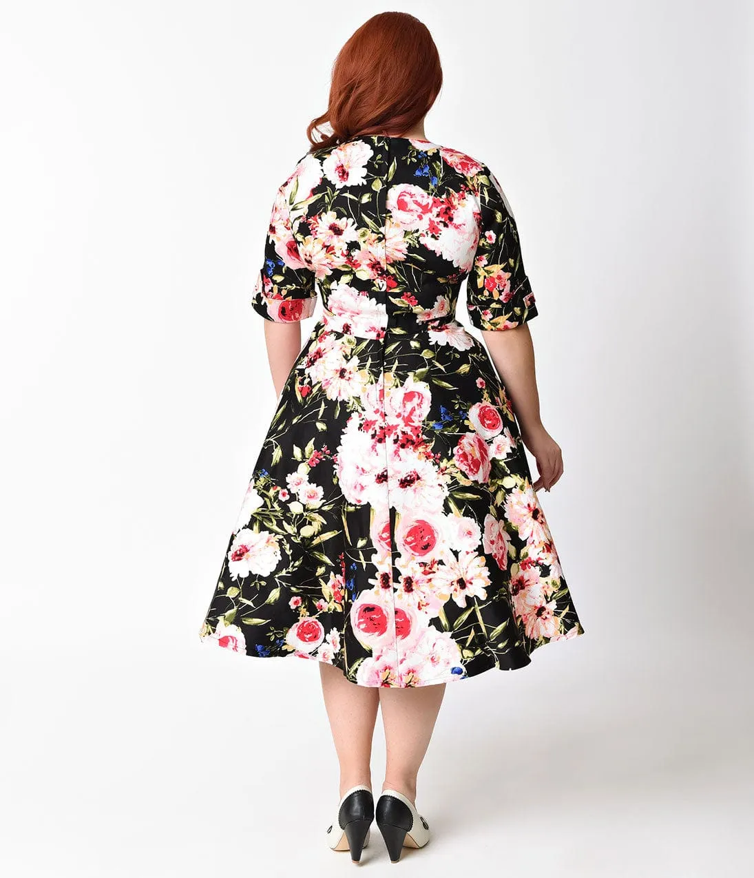 Unique Vintage Plus Size 1950s Black & Pink Floral Delores Swing Dress with Sleeves sold by Unique Vintage product image thumbnail 2