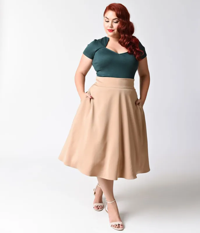 Unique Vintage Plus Size Retro Style Taupe High Waist Vivien Swing Skirt made by Unique Vintage