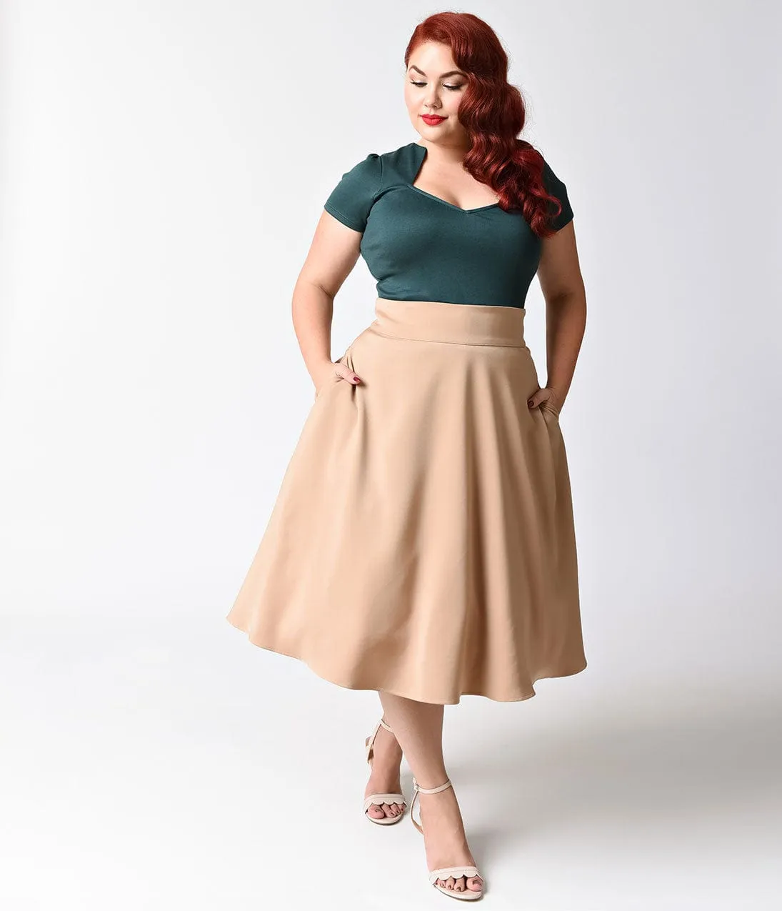 Unique Vintage Plus Size Retro Style Taupe High Waist Vivien Swing Skirt sold by Unique Vintage