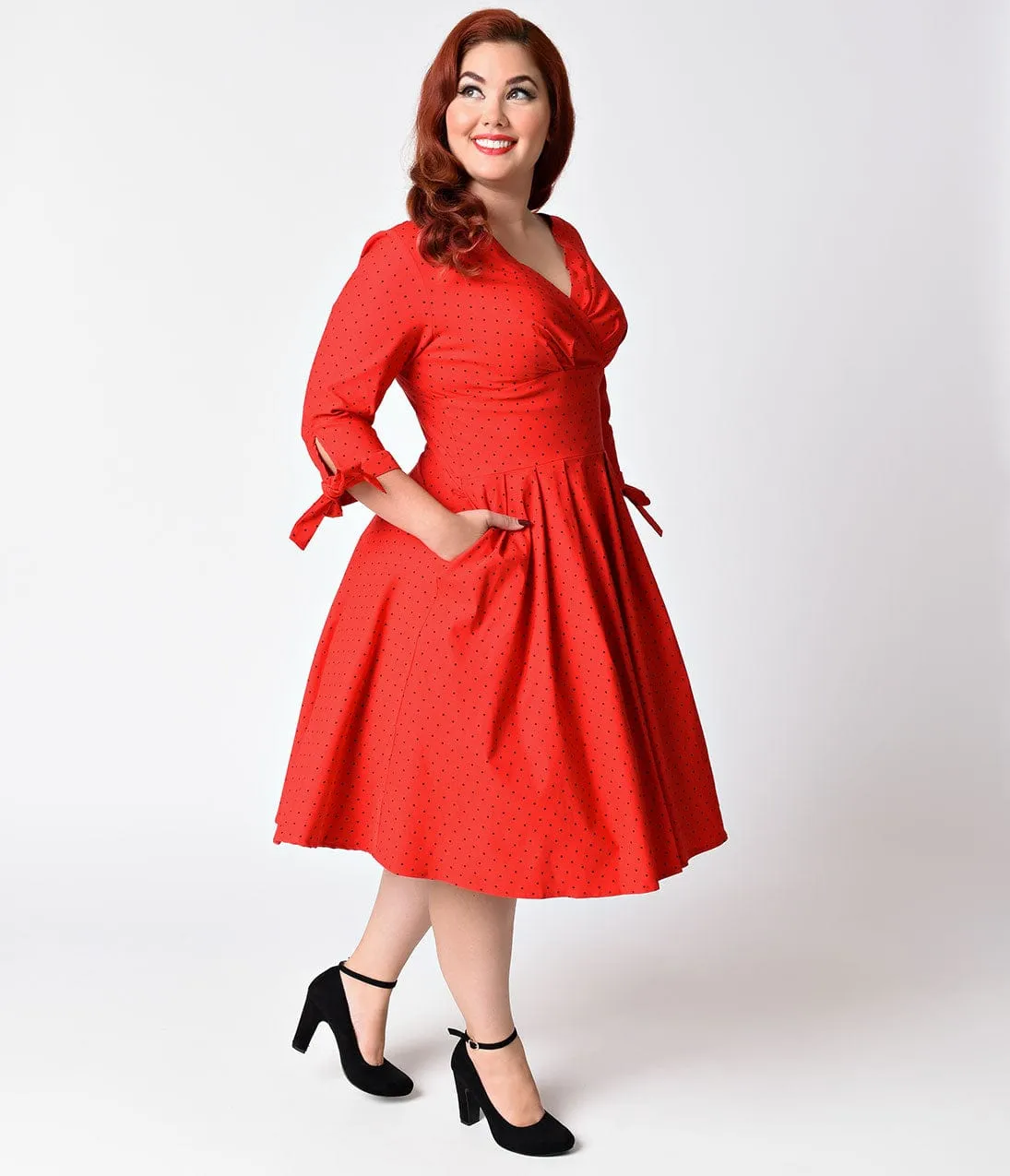 Unique Vintage Plus Size 1950s Style Red & Black Pin Dot Sleeved Diana Swing Dress sold by Unique Vintage product image thumbnail 4