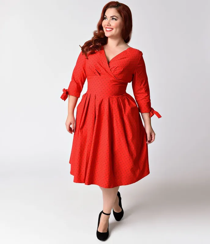 Unique Vintage Plus Size 1950s Style Red & Black Pin Dot Sleeved Diana Swing Dress sold by Unique Vintage