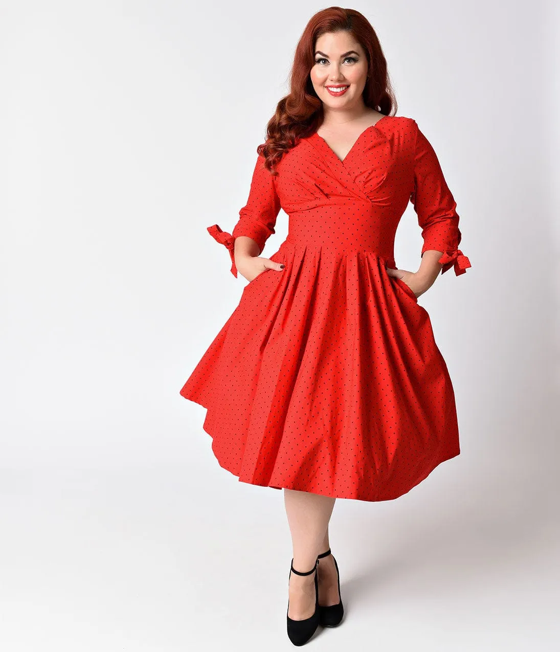 Unique Vintage Plus Size 1950s Style Red & Black Pin Dot Sleeved Diana Swing Dress sold by Unique Vintage product image thumbnail 5