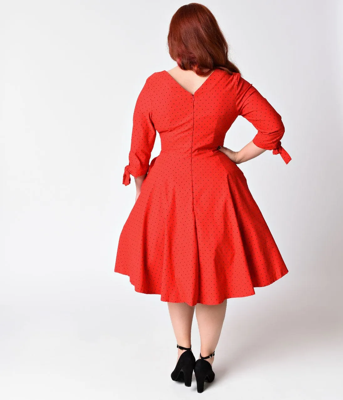Unique Vintage Plus Size 1950s Style Red & Black Pin Dot Sleeved Diana Swing Dress sold by Unique Vintage product image thumbnail 2