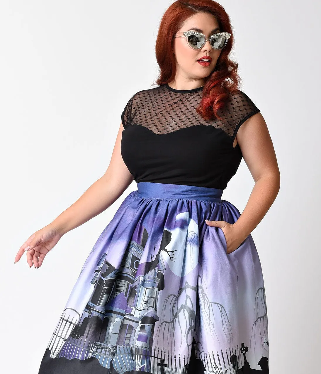 Unique Vintage Plus Size 1950s Purple Haunted Mansion High Waist Circle Swing Skirt sold by Unique Vintage product image thumbnail 4