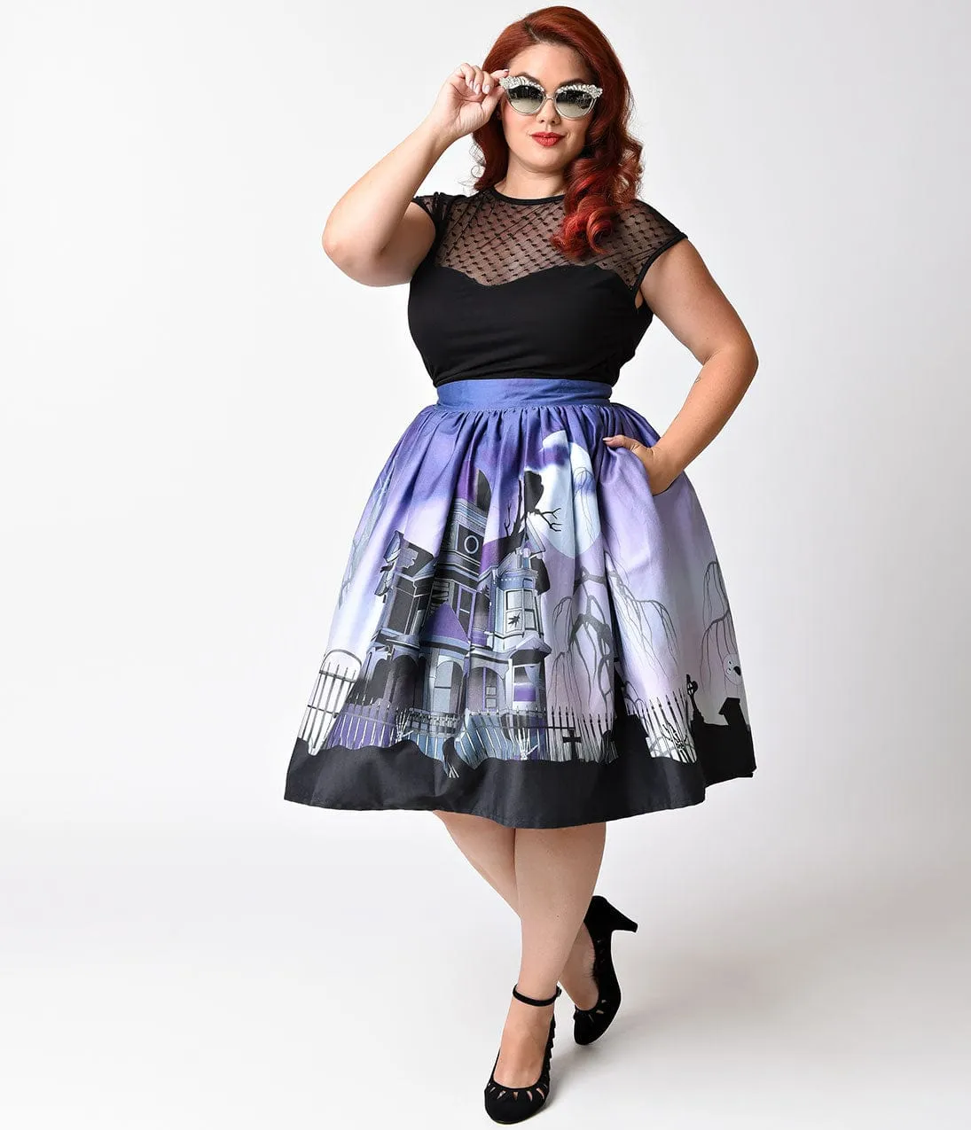 Unique Vintage Plus Size 1950s Purple Haunted Mansion High Waist Circle Swing Skirt sold by Unique Vintage