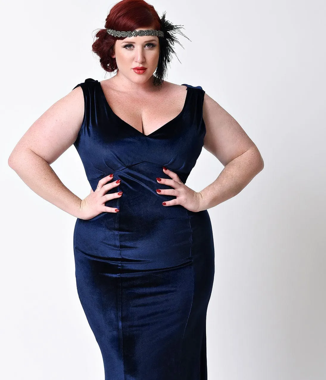 Unique Vintage Plus Size 1930s Style Navy Blue Sleeveless Velvet Goldwyn Gown sold by Unique Vintage product image thumbnail 4