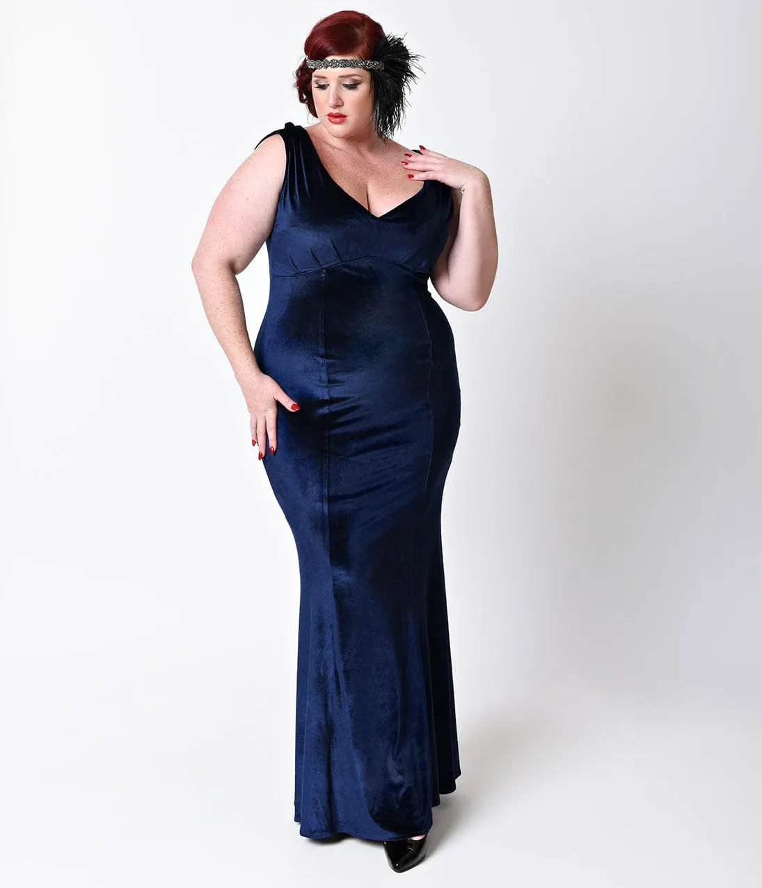 Unique Vintage Plus Size 1930s Style Navy Blue Sleeveless Velvet Goldwyn Gown sold by Unique Vintage