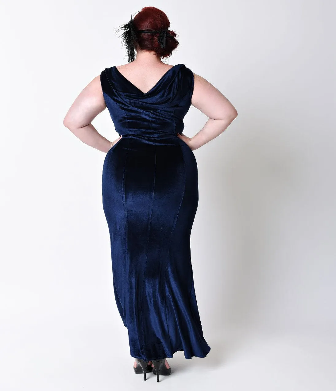 Unique Vintage Plus Size 1930s Style Navy Blue Sleeveless Velvet Goldwyn Gown sold by Unique Vintage product image thumbnail 2