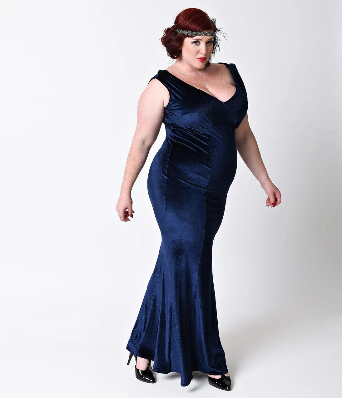 Unique Vintage Plus Size 1930s Style Navy Blue Sleeveless Velvet Goldwyn Gown sold by Unique Vintage product image thumbnail 3