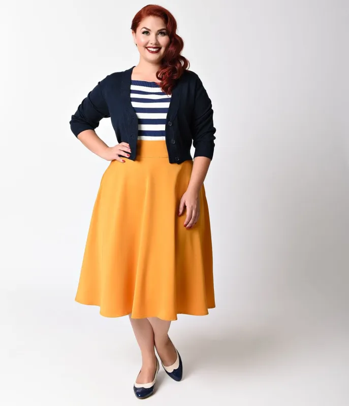 Unique Vintage Plus Size Retro Mustard Yellow High Waist Vivien Swing Skirt made by Unique Vintage