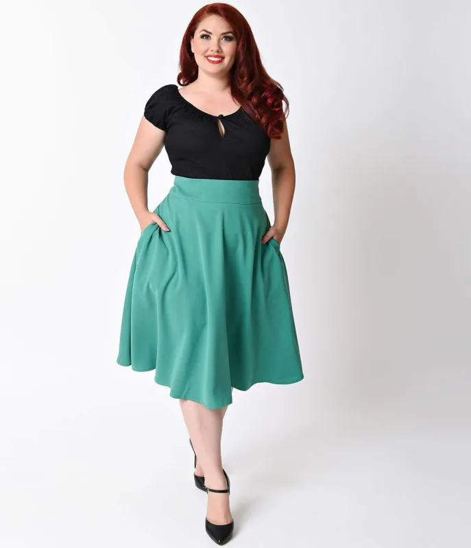 Unique Vintage Plus Size Retro Style Green High Waist Vivien Swing Skirt sold by Unique Vintage