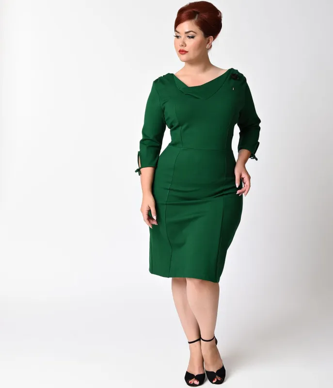 Unique Vintage Plus Size 1940s Style Emerald Green Carmen Half Sleeve Wiggle Dress made by Unique Vintage