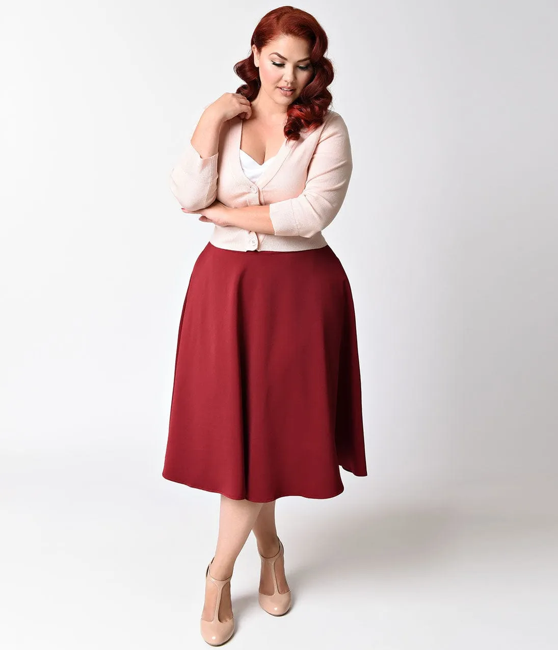 Unique Vintage Plus Size Retro Style Burgundy High Waist Vivien Swing Skirt sold by Unique Vintage product image thumbnail 5