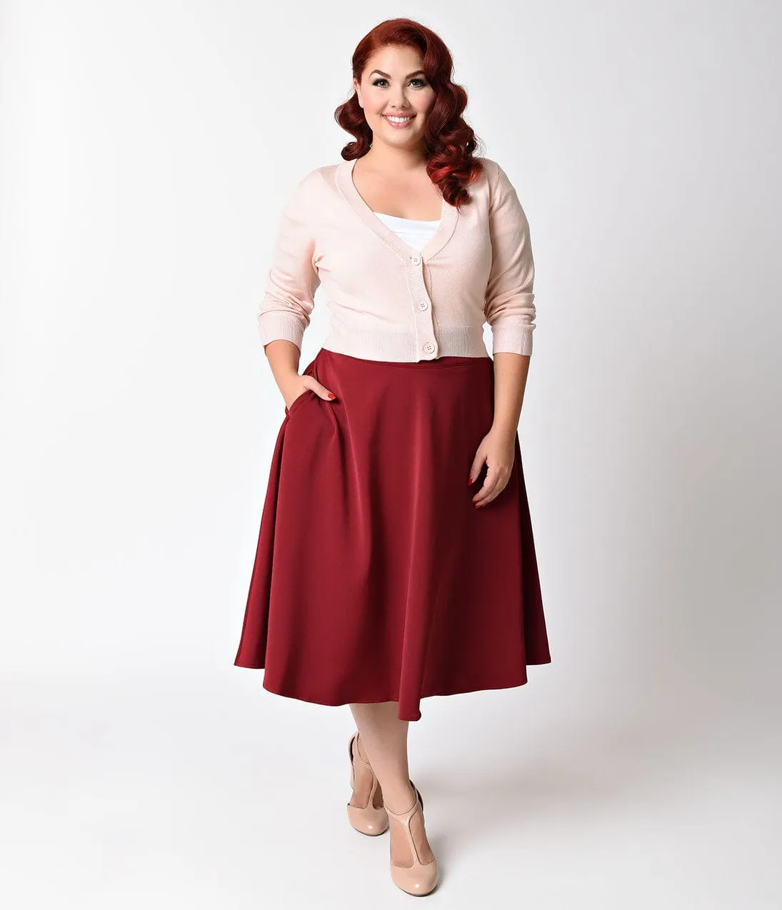 Unique Vintage Plus Size Retro Style Burgundy High Waist Vivien Swing Skirt sold by Unique Vintage