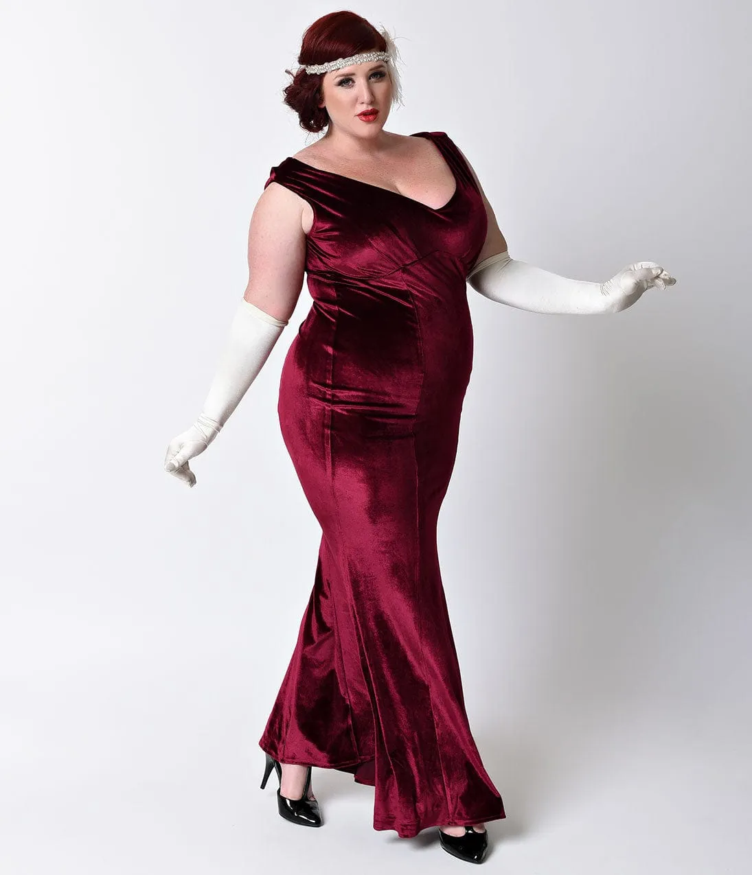Unique Vintage Plus Size 1930s Style Burgundy Red Sleeveless Velvet Goldwyn Gown sold by Unique Vintage product image thumbnail 3
