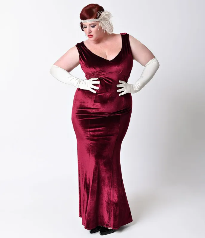 Unique Vintage Plus Size 1930s Style Burgundy Red Sleeveless Velvet Goldwyn Gown made by Unique Vintage