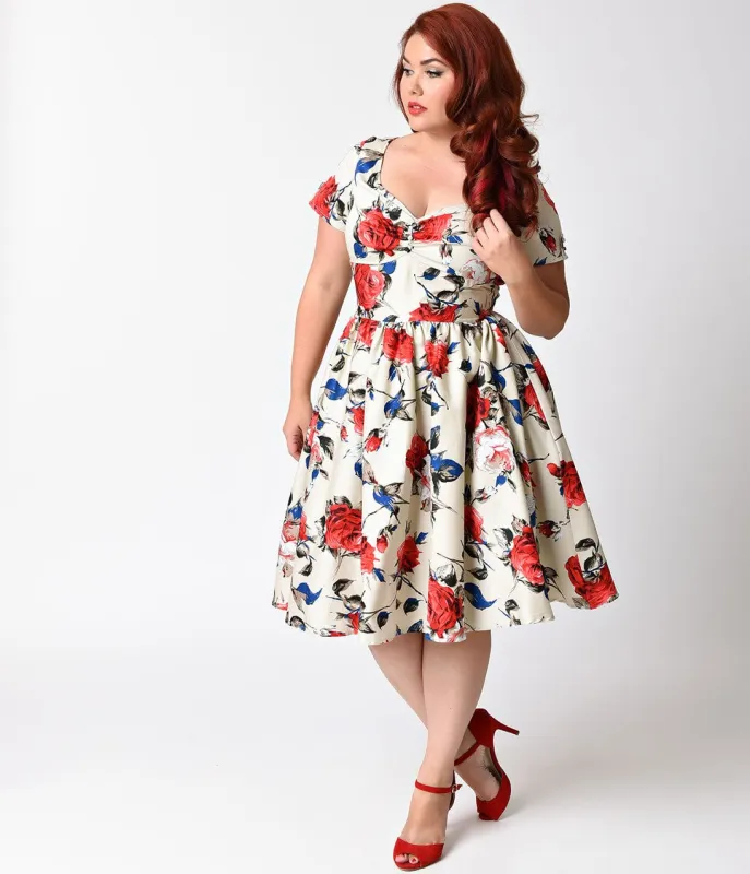 Unique Vintage Plus Size 1950s Style Beige & Floral Short Sleeve Draper Swing Dress made by Unique Vintage