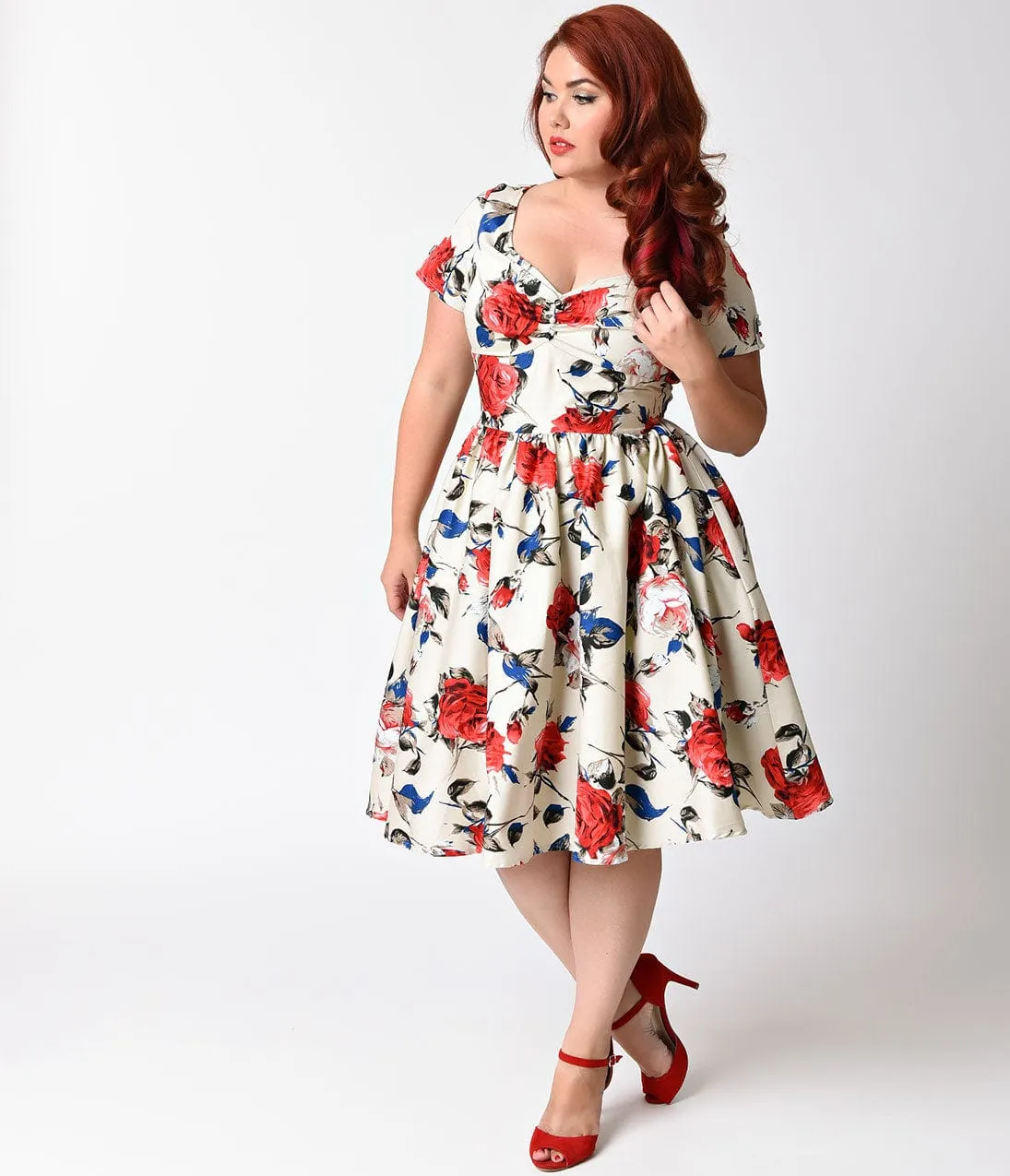 Unique Vintage Plus Size 1950s Style Beige & Floral Short Sleeve Draper Swing Dress sold by Unique Vintage