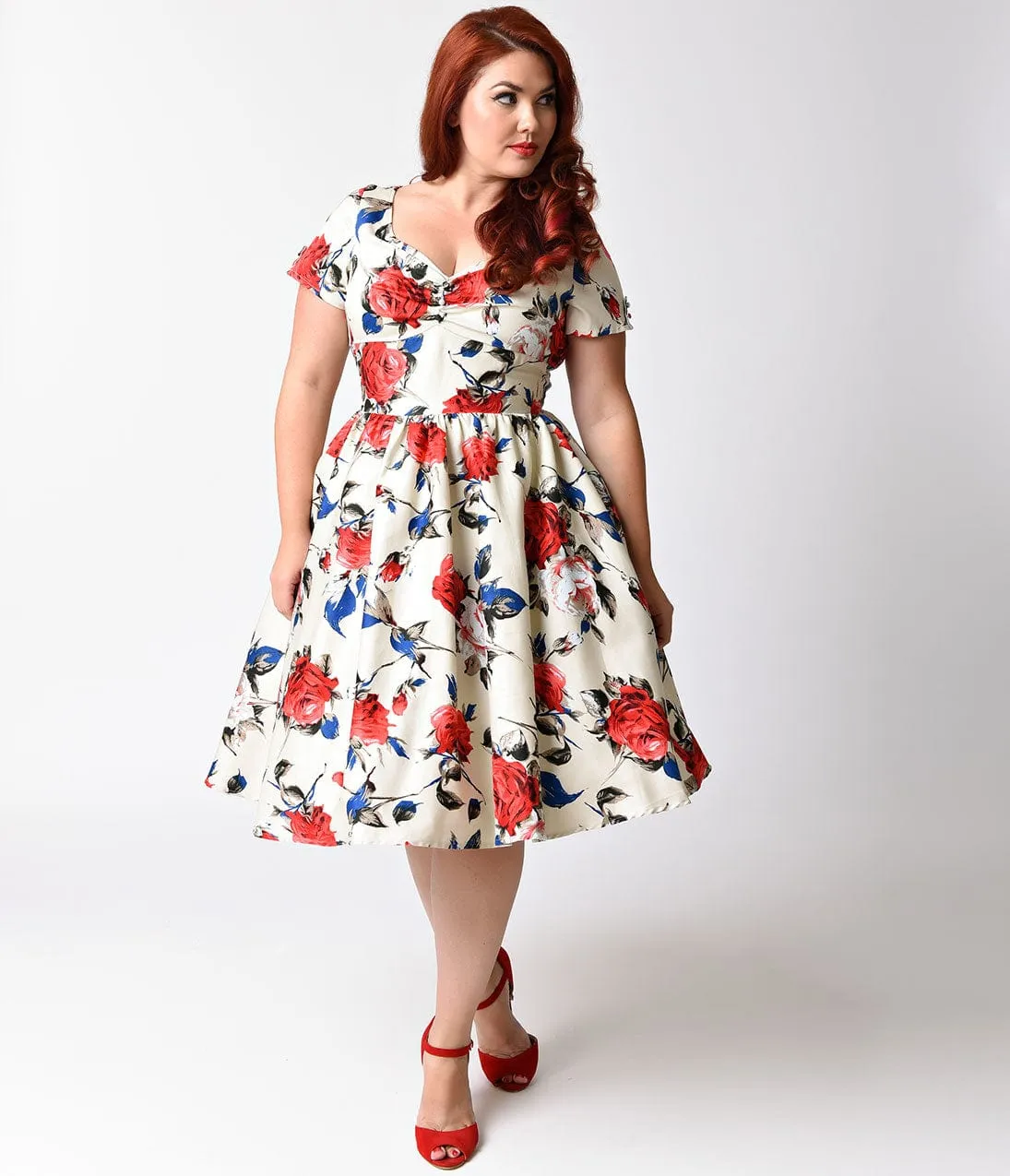 Unique Vintage Plus Size 1950s Style Beige & Floral Short Sleeve Draper Swing Dress sold by Unique Vintage product image thumbnail 5