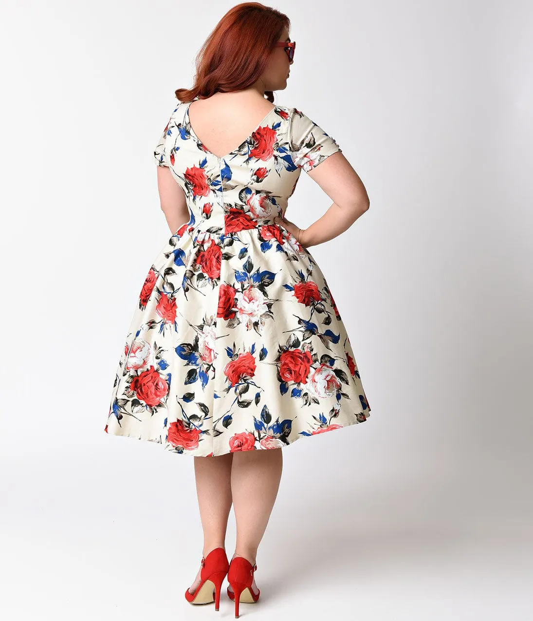 Unique Vintage Plus Size 1950s Style Beige & Floral Short Sleeve Draper Swing Dress sold by Unique Vintage product image thumbnail 2