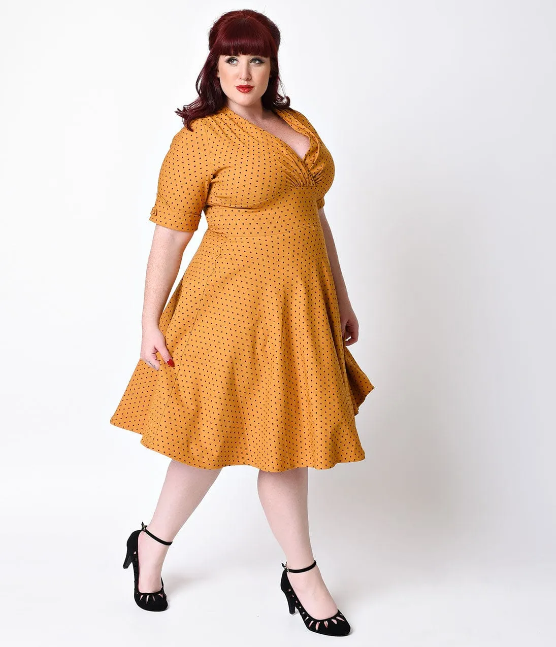 Unique Vintage Plus Size 1950s Style Mustard & Black Dot Delores Swing Dress sold by Unique Vintage product image thumbnail 3