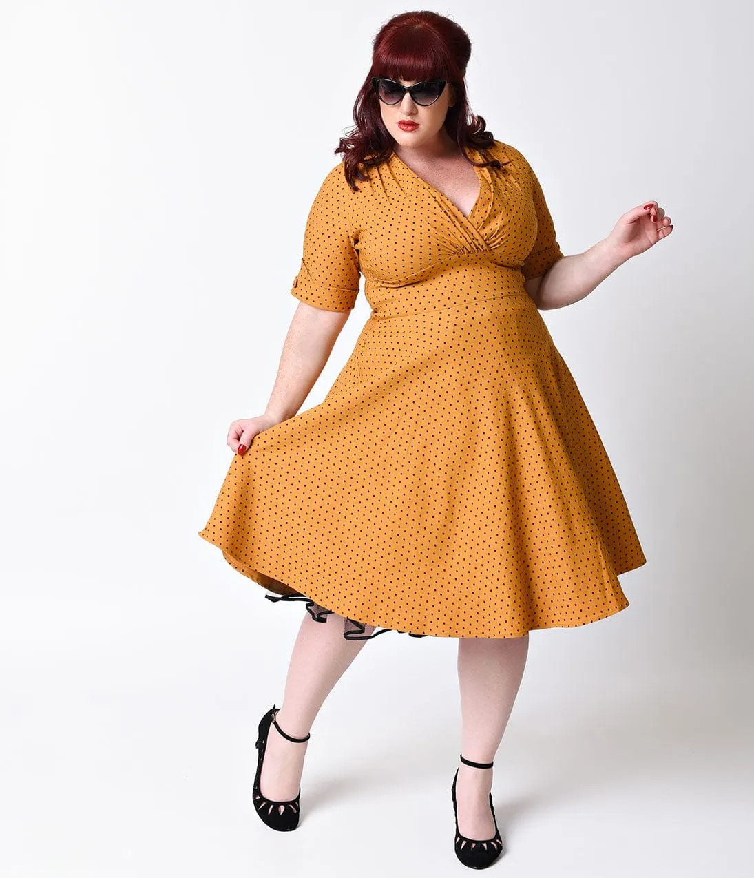 Unique Vintage Plus Size 1950s Style Mustard & Black Dot Delores Swing Dress sold by Unique Vintage product image thumbnail 4