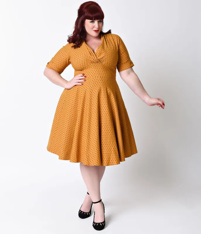 Unique Vintage Plus Size 1950s Style Mustard & Black Dot Delores Swing Dress made by Unique Vintage