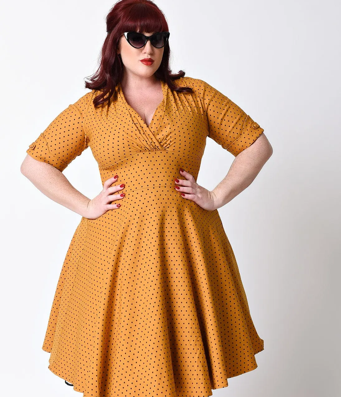 Unique Vintage Plus Size 1950s Style Mustard & Black Dot Delores Swing Dress sold by Unique Vintage product image thumbnail 5