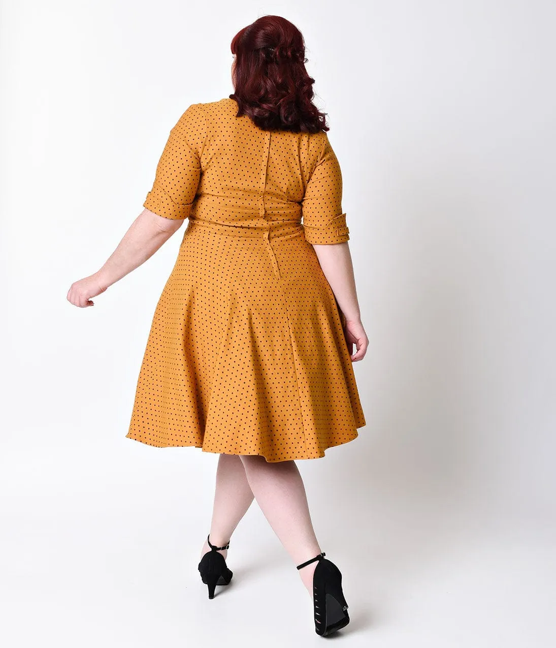 Unique Vintage Plus Size 1950s Style Mustard & Black Dot Delores Swing Dress sold by Unique Vintage product image thumbnail 2