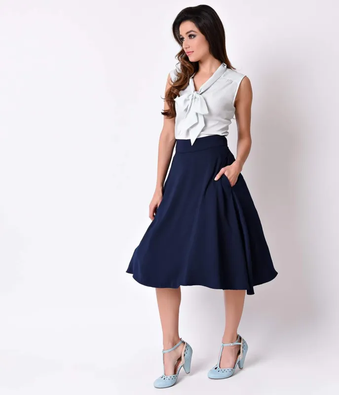 Unique Vintage Retro Style Navy High Waist Vivien Swing Skirt sold by Unique Vintage