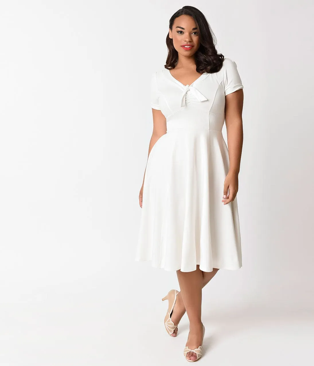 Unique Vintage Plus Size 1940s Style Ivory Knit Short Sleeve Natalie Swing Dress sold by Unique Vintage product image thumbnail 4