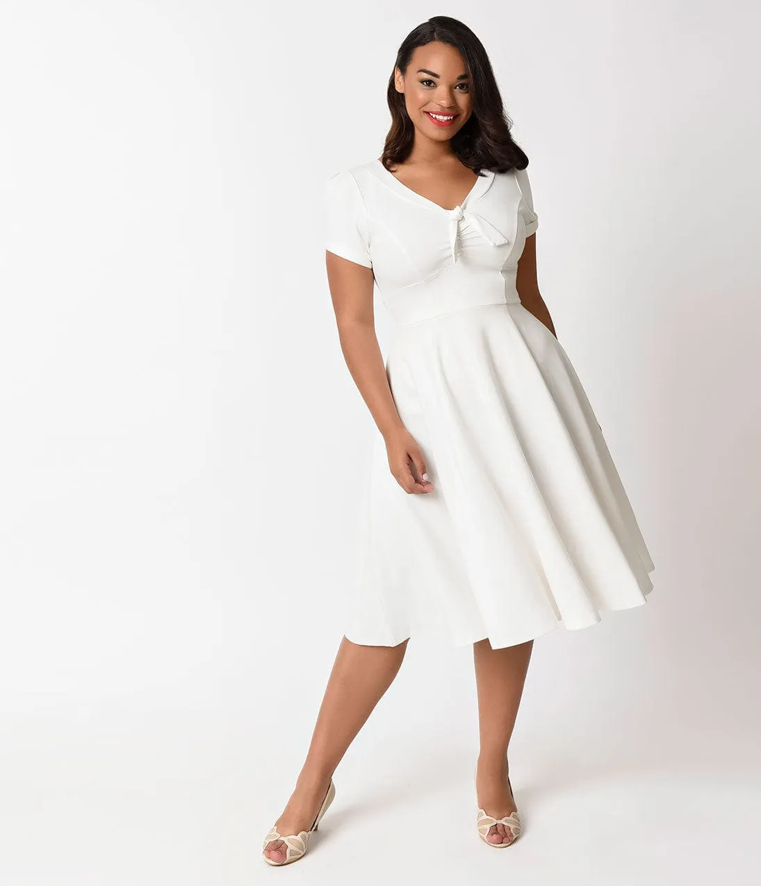 Unique Vintage Plus Size 1940s Style Ivory Knit Short Sleeve Natalie Swing Dress sold by Unique Vintage
