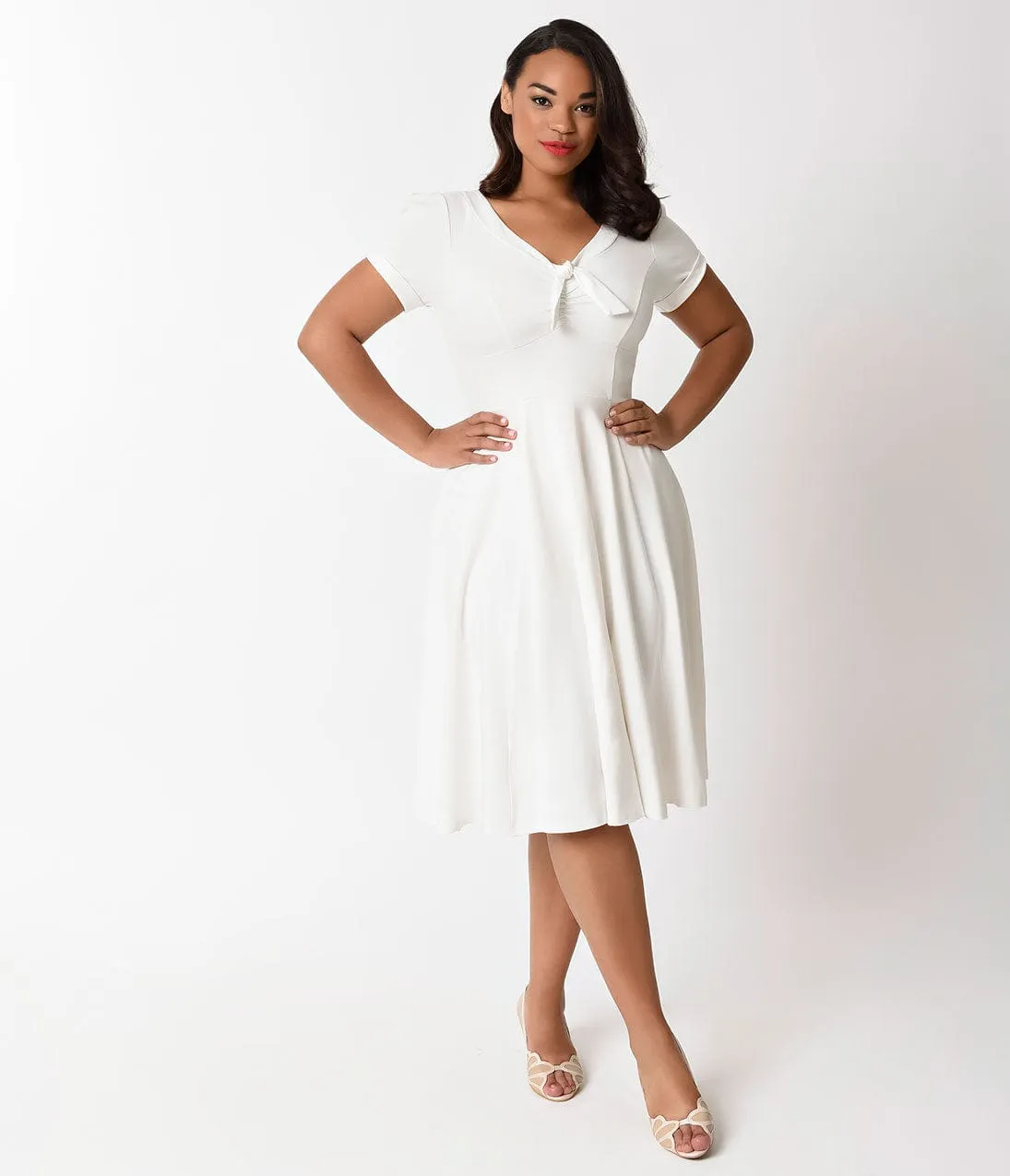 Unique Vintage Plus Size 1940s Style Ivory Knit Short Sleeve Natalie Swing Dress sold by Unique Vintage product image thumbnail 5